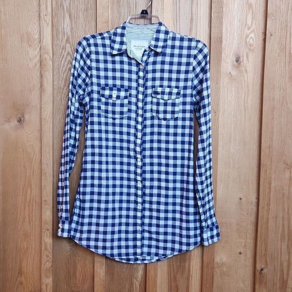 Abercrombie & Fitch Button Down Cotton Tunic Shirt Small Blue & White Plaid